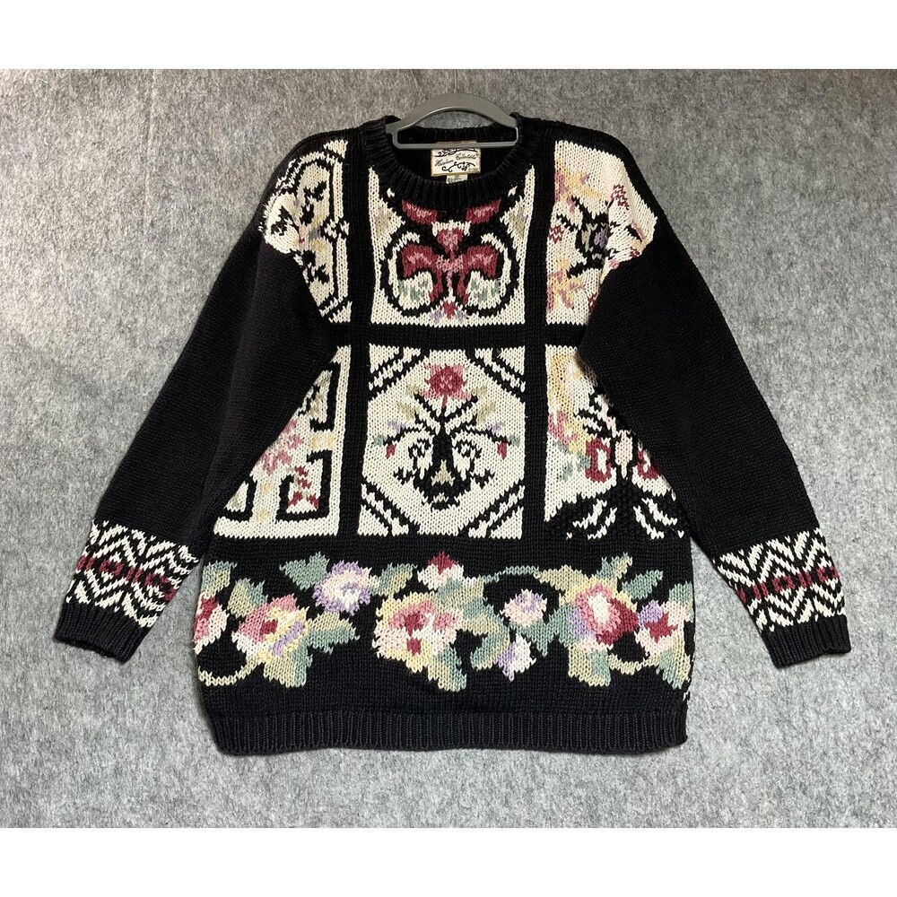 Vintage Heirloom Collectibles Sweater Womens M Black Floral Chunky Knit 90s